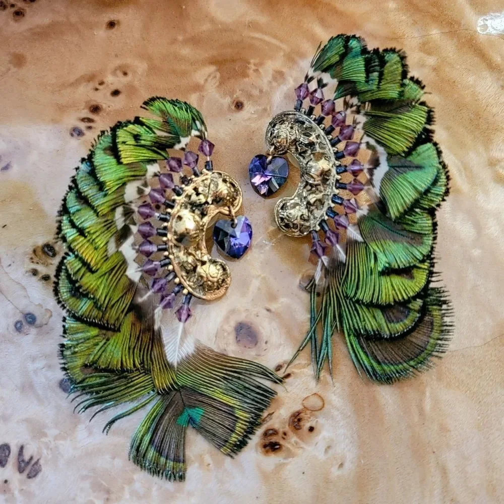 Artisan Filgree Ashlock Peacock Feather Amethyst 23k Gold Plated Earrings